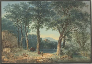 Metsäinen järvenranta, jossa on italialainen huvila