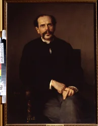 Miehen muotokuva. Hänellä on yllään musta puku ja sormessaan sinettisormus. Ludwig Knausin (1829-1910) teos. Ivan Kramskoi -taidemuseo (myös Kramskoi) Voronežissa (Voronezh), Venäjällä.