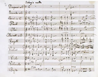 Saksalaisen säveltäjän Ludwig van Beethovenin (1770-1827) Sinfonia n:o 1 C-duuri (1799-1800) Milan Biblioteca del Conservatorio Milanon nuottilehti