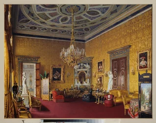 Tsarkoye Selon (Venäjä) suuren palatsin Lyons Hall (keltainen piirustussali). Luigi Premazzin (1814-1891) teos, akvarelli paperille
