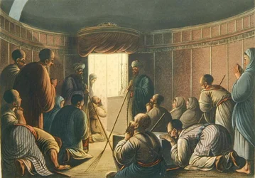 Sisäänkäynti Pyhän haudan kappeliin, "Näkymät Palestiinassa", painettu Lontoo 1804 (värilitho)