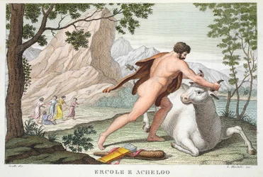 Hercules ja Achelous tai Ercole e Acheloo, kirja IX, kuvitus Ovidian Metamorphosesista, Firenze, 1832 (käsinvärinen kaiverrus)