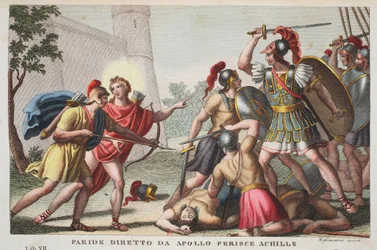 Apollonin ohjaama Paris haavoittaa Akhilleusta, kirja XIII, kuvitus Ovidiuksen "Muodonmuutoksista", Firenze, 1832