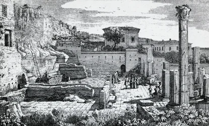 Vespasianuksen temppelin rauniot Bresciassa, kaiverrus Louis Basiletti (1780-1860), Italia