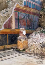 Hopeahäätalo, vaurioitunut seppeleiden fresko, joka nähtiin paikan päällä kaivauksen aikana, Pompeji, 1897