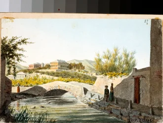 Näkymä Villa Saluzzo Bombrinista Albaron alueella, Genovassa (piirustus ja akvarelli, n. 1825)