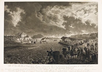 Näkymä Pilan sillalle Genovassa, Bisagno-joen tulvan jälkeen 26.10.1822 (etsaus, n. 1822)