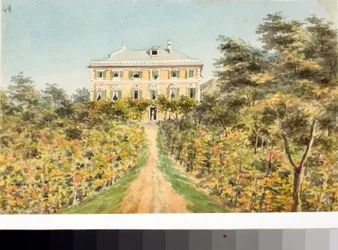 Näkymä Lagomarsinon kasinolle Rivarolon rannikolla, lähellä Genoaa (akvarelli, noin 1823)