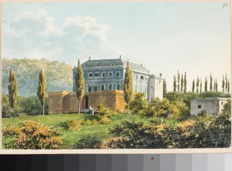 Näkymä huvilasta luultavasti Albaron alueella, Genovassa (akvarelli, n. 1825)