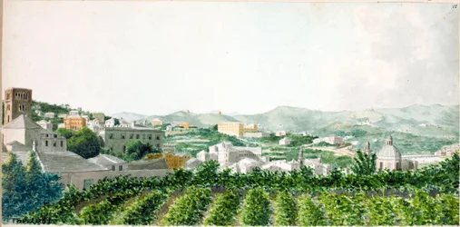 Näkymä Genovan kaupungin yli Santo Stefanon kellotornilla (akvarelli, n. 1825)