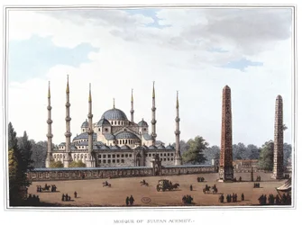 Sulttaani Ahmedin moskeija (1609-1616), Istanbul. "" Näkymät ottomaanien hallituksilla, Euroopassa, Aasiassa ja joillakin Välimeren saarilla"" alkuperäisistä piirustuksista, jotka on ottanut Luigi Mayer, Lontoo