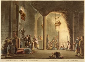 Betlehemin maanalainen kirkko, julkaisusta Views of Palestine, Vol.II, julkaisija R. Bowyer Historic Gallery, Lontoo, 1803 (värillinen akvatinta)