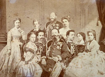 Kuvassa on Savoijin kuninkaallisen perheen eri jäseniä. Keskellä istuvat Victor Emmanuel II, Umberto I ja Amedeo täydessä juhla-asussa; hallitsijan tyttäret ja Elisabetta Saksin tyttäret tyylikkäissä vaatteissa. Taustalla vasemmalla