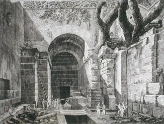 Roomalaiset jäännökset Castel Gandolfossa, Albano-järvellä, julkaisusta "The Antiquities of the Contours of Rome", julkaistu 1824-26 (etsaus)