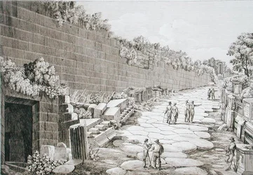 Roomalainen tie Tusculoon, sen ensimmäisen kaivauksen jälkeen vuonna 1825, kirjasta "Le Antichita dei contorni di Roma", julkaistu 1824-26 (etsaus)