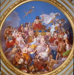Jumalten neuvosto (eli jumalten kokous): jumaluudet ympäröivät Zeusta Olympoksella. Ylhäältä alas ja vasemmalla on kuvattu: Ganymedes, Athene, Poseidon, Hermes, Hefaistos, Afrodite, Eros, 3 khariitit, Dionysos ja Ares. Vuosisad