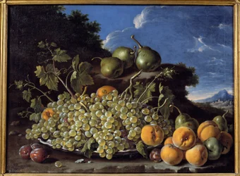 Viinirypäleet, päärynät, persikat ja luumut Luis Melendezin (1716-1780) maalaus