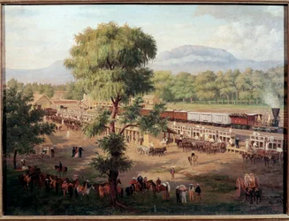 Näkymä Meksikon laakson rautatielle Luis Coton (1830-1891) maalaus Mexico City, Kansallinen historiallinen museo, Chapultepecin linna