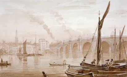Näkymä Blackfriars Bridgelle Surreyn rannalta, veneet etualalla, Lontoo, c1825