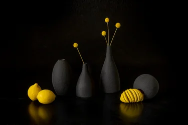 Keltaisia sitruunoita, mustia maljakoita