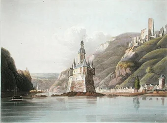 Pfalzin linna ja Laubin kaupunki, kuvitus teoksesta "Maalauksellinen kiertue Reiniä pitkin Mentzistä Kölniin", T. Sutherlandin kaivertama, julkaistu 1820 (värilitho)