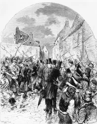 Mellakat Irlannissa – Ihmiset pelastivat Mullingarissa poliisin pidättämän katolisen papin Le Monde Illustrésta, 25. kesäkuuta 1881