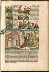 Labanin sukupuu, Hartmann Schedelin (1440-1514) Nürnbergin kronikasta, painettu vuonna 1493 (puupiirros)