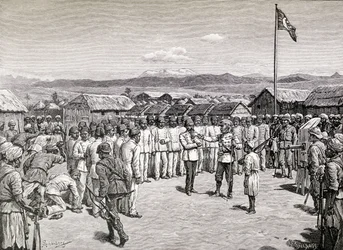 Sir Henry Morton Stanley puhuu kapinallisille upseereille Kavallissa, 1890 (puukaiverrus)