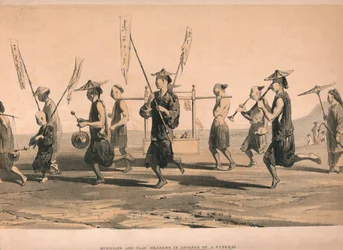 "Muusikat ja lipunkannattajat ennen hautajaisia", n. 1860.
