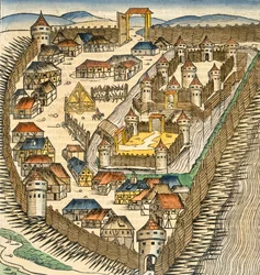 Sabatz, kuvitus Hartmann Schedelin (1440-1514) teoksesta "The Liber Chronicle" (Nürnbergin kroniikka), pub. Nürnberg, 1493 (käsinvärinen kaiverrus)