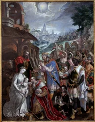 Maagien palvonta. Pyhän perheen ja tietäjien yläpuolella, paimenen tähti. Maaerten de Vosin (Martin de Vos, Marten de Vos) maalaus (1532-1603), flaamilainen taide 1500-luvulla. Valenciennesin taidemuseo.