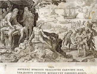 Battlefield in the New World vuonna 1530, levy 6 teoksesta "Keisari Kaarle V:n sotilaalliset saavutukset", kaiverrettu Dirk Volkertsz Coornhert (1522-90), 1555
