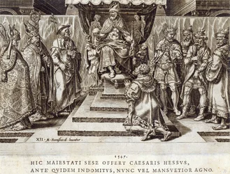 Hesenin landgrave Philipin esitys vuonna 1547, levy 12 teoksesta "Keisari Kaarle V:n sotilaalliset saavutukset", kaivertanut Dirk Volkertsz Coornhert (1522-90), 1555 (kaiverrus ja etsaus)