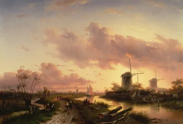 Joen suisto hahmoineen, jotka korjaavat venettä, 1600-luku