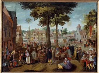 Flanderin messut Juhlat kylässä, humalaiset miehet ovat sairaita, toiset leikkivät, jotkut nukkuvat. maalaus Martin van Cleve (1527-1581) 1500-luvun Caen, Museum of Fine Arts