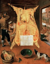 Le boeuf abattu - Teurastettu härkä - Marten van Cleve (van Cleef), Vanhin (1527-1581). Öljy puulle