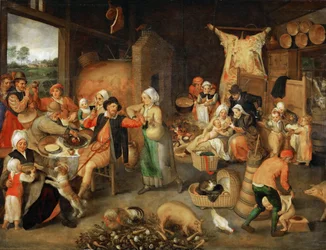 Talonpoikatalo, jossa on jaloja vieraita - Marten van Cleve, vanhempi (1527-1581). Öljy puulle, n. 1566. Mitat : 123x144 cm. Taidehistoriallinen museo, Vienne