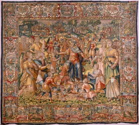 Hiippakunnan museo (Docesan Museum). Flanderin kuvakudos. Bryssel. François Geubelsin työpaja. Sarja Gideonin tarina. Israelilaiset luovuttavat osuutensa saaliista Gideonille. Silkki ja villa. Bishon testamentti