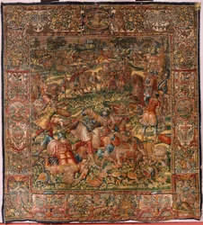 Hiippakunnan museo (Docesan Museum). Flanderin kuvakudos. Bryssel. François Geubelsin työpaja. Sarja Gideonin tarina. Midianilaisten tappio. Silkki ja villa. Sernan piispan Vincent Rockin testamentti. Barokki. 1534-1571, vuonna