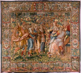 Hiippakunnan museo (Docesan Museum). Flanderin kuvakudos. Bryssel. François Geubelsin työpaja. Sarja Gideonin tarina. Joas saa tietää, että Gideon on tuhonnut Baalin alttarin (Joasille kerrotaan, että Gideon on repinyt alas Baalin alttarin). Silkki ja vill