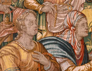 Hiippakunnan museo (Docesan Museum). Flanderin kuvakudos. Bryssel. François Geubelsin työpaja. Sarja Gideonin tarina. Israelilaiset luovuttavat osuutensa saaliista Gideonille. Silkki ja villa. Bishon testamentti