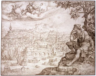Joona, istuu kurkun alla ja pohtii Niniven kaupunkia, 1566 (kynällä ja ruskealla musteella kirjoitettu ja kynällä kaiverrettu paperille).
