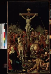 ""Golgata"" (Golgata) Ristiinnaulitseminen. Kirjoitus "INRI" ristissä. Triptyykin keskipaneeli. Maarten van Heemskerckin (Maerten Heemskerk van Veen) (Marten, Martin) maalaus (1498-1574) 1545-1550 Mitat 100,7x58,3 cm Eremitaaši, Sain