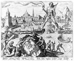 Rodoksen kolossi, taulu 4 teoksesta "Maailman kahdeksan ihmettä", kaivertanut Philips Galle, 1572