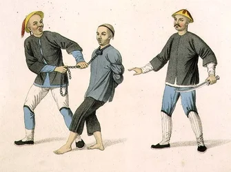 Syyllinen kuljetettu vankilaan, levy 2 teoksesta "The Punishments of China", kaiverrettu J. Dadley