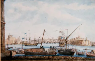 Näkymä Gallien satamaan Valettan puolelta, noin 1800 (lyijykynä ja akvarelli).