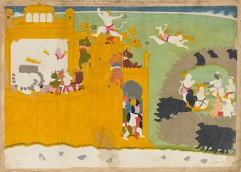 Apinoiden johtaja Angada varastaa Ravanan kruunun tämän linnoituksesta, noin 1725.