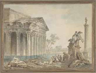 Arkkitehtoninen Capriccio, jossa on roomalaisia monumentteja ja pesunaisia, n.d.