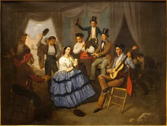 Tanssija karnevaalitalossa. Manuel Cabral Bejaranon (1827-1891) maalaus öljy kankaalle