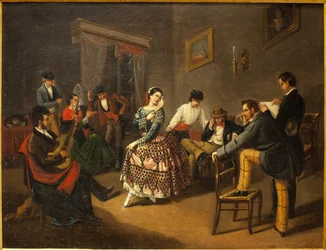 Tanssija olohuoneessa. Manuel Cabral Bejaranon (1827-1891) maalaus öljy kankaalle